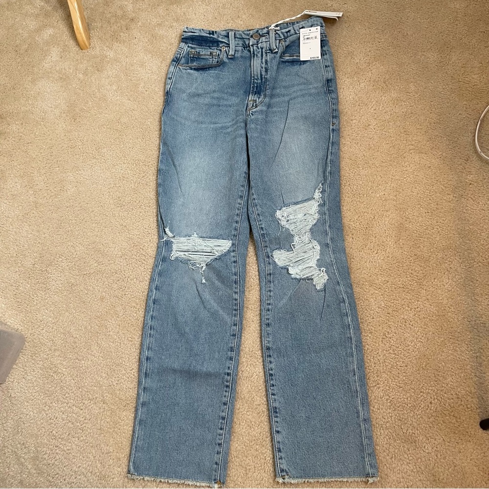 NWT! Good American Women’s Good Boy Distressed Curvy Straight Leg Jean-Size 0/25
